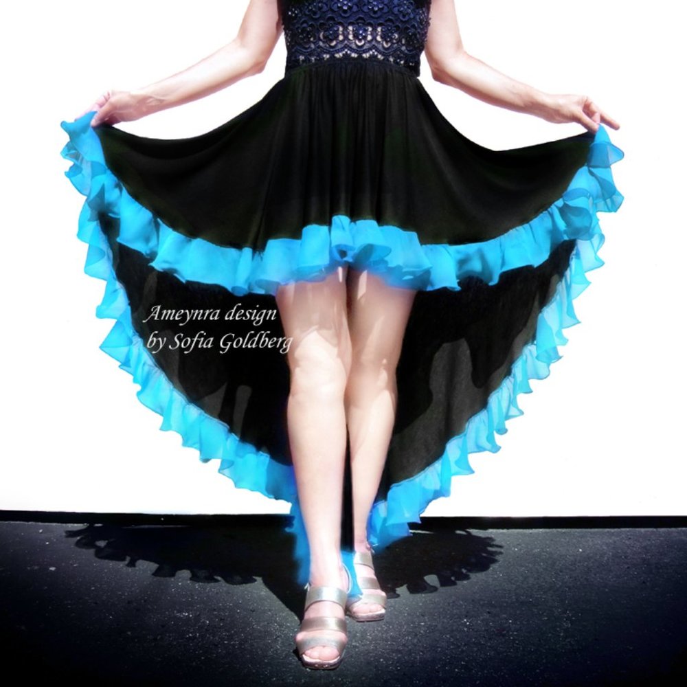Ameynra high low skirt black rayon with turquoise chiffon ruffle